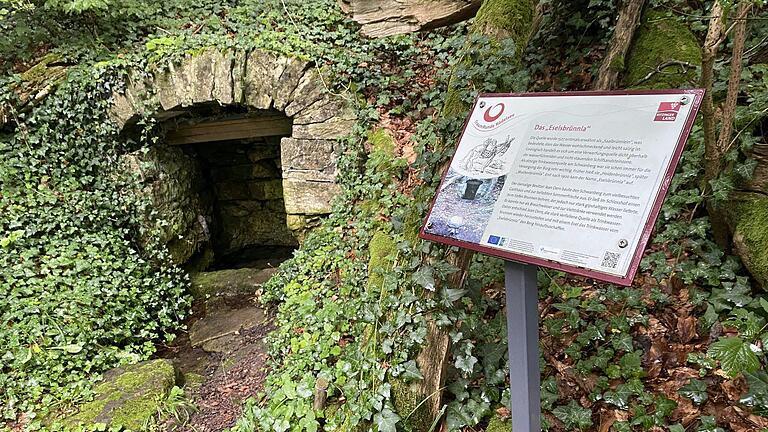 Wer den steilen, engen Weg durch den Wald hoch zum Schwanberg läuft, kommt am 'Eselsbrünnla' vorbei. Wer den steilen, engen Weg durch den Wald hoch zum Schwanberg läuft, kommt am 'Eselsbrünnla' vorbei.