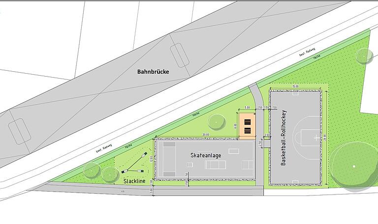 Lageplan der an der Bahnbrücke in Veitshöchheim entlang dem Radweg vom Tiefbaureferat der Gemeinde geplanten Skateanlage und des Basketball-/Rollhockeyfeldes