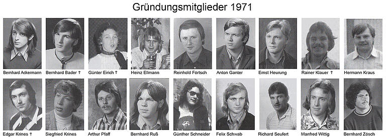 Gründungsmitglieder vor 50 Jahren Bernhard Ackermann, Bernhard Bader, Günter Eirich, Heinz Ellmann, Reinhold Förtsch, Anton Ganter, Ernst Heurung, Rainer Klauer, Hermann Kraus, Edgar Krines, Siegfried Krines, Artur Pfaff, Bernhard Ruß, Günther Schneider, Felix Schwab, Richard Seufert, Manfred Wittig Bernhard Zösch. Gründungsmitglieder vor 50 Jahren Bernhard Ackermann, Bernhard Bader, Günter Eirich, Heinz Ellmann, Reinhold Förtsch, Anton Ganter, Ernst Heurung, Rainer Klauer, Hermann Kraus, Edgar Krines, Siegfried Krines, Artur Pfaff, Bernhard Ruß, Günther Schneider, Felix Schwab, Richard Seufert, Manfred Wittig Bernhard Zösch.