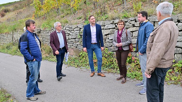 Beim Rundgang durch die Becksteiner Weinberge (von links): Martin Baumann, Vorstandsvorsitzender Becksteiner Winzer eG, Karl-Heinz Sack, Bereichsleiter Badischer Weinbauverband, JU-Vorsitzender Marco Hess, Staatssekretärin Sabine Kurtz, Michael Braun, Geschäftsführer Becksteiner Winzer eG, Meinhard Stärkel, Leiter Landwirtschaftsamt im Main-Tauber-Kreis.