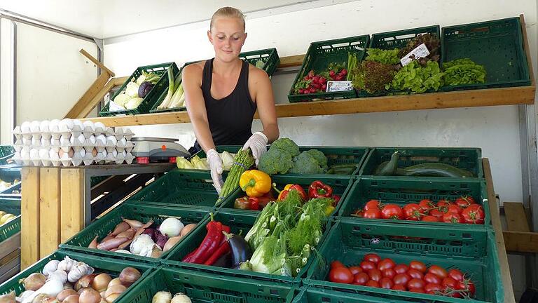 Vor allem Obst und Gemüse, wie hier am Stand der Gärtnerei Bastian Reitzenstein, aber auch Fleisch und Imkereiprodukte gibt es beim Bauernmarkt an der Eichendorffschule in Gerbrunn zu kaufen.