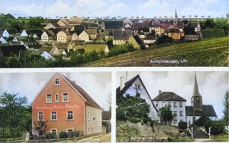 Die Postkarte zeigt Acholshausen, bevor es als 'Gelegenheitsziel' am 10. September 1944 in Schutt und Asche fiel.