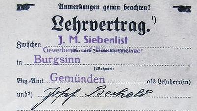 Lehrvertrag: In dem Vertrag von 1929 wurde unter anderem geregelt, wie viel Lehrgeld bezahlt und welches Werkzeug der Lehrling anschaffen musste.