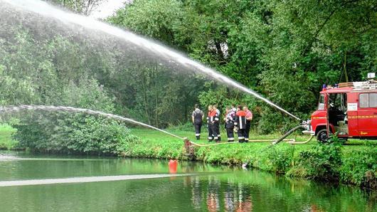Der Wörthsee bei Knetzgau ist aufgrund der langanhaltenden Trockenheit und Wärme umgekippt. Die Freiwillige Feuerwehr Knetzgau versuchte im Rahmen eines Hilfseinsatzes, das Wasser umzuwälzen und für mehr Sauerstoff im See zu sorgen.