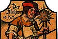 Glasfenster  &bdquo;Der Stachelwirt ad.1525&ldquo; mit dem Morgenstern oder &bdquo;Stachel&ldquo;.