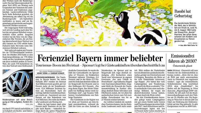 Das ist die gesamte Titelseite der Zeitung vom 8. August 2017. Das Titelbild gehört Bambi. Das ist aber nicht der Aufmacher, wie es der Leser kritisiert. Der Aufmacher steht unter dem Bild und beschäftigt sich mit dem Tourismus-Boom in Bayern.