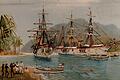 Ein deutscher Kreuzer und ein Kanonenboot hissen die deutsche Reichsflagge und zeigen damit an, dass das Deutsche Reich die Karolinen, Palauinseln und Marianen als Kolonien in Besitz nimmt; Schulwandbild von 1902.