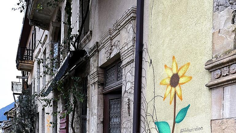 Rudolf Gehring aus Seubrigshausen - Optimistische Bewohner in Antakya (Antiochia) sprühten Sonnenblumen auf die Trümmer des zu 80 Prozent durch das Erdbeben zerstörten Stadtkerns Rudolf Gehring aus Seubrigshausen - Optimistische Bewohner in Antakya (Antiochia) sprühten Sonnenblumen auf die Trümmer des zu 80 Prozent durch das Erdbeben zerstörten Stadtkerns