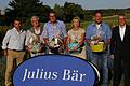 Ex-Kickers-Coach Bernd Hollerbach siegt bei Golfturnier       -  (PM)   Prominenter Sieger beim Julius-Bär-Cup: Bernd Hollerbach, Ex-Fußballtrainer der Würzburger Kickers und des Hamburger SV, durfte sich endlich einmal wieder über einen Erfolg freuen. Beim Golfturnier auf der Anlage des Golf-Clubs Würzburg holte er mit 43 Punkten Platz eins in der Nettoklasse B. Insgesamt 67 Golfer nahmen an dem Turnier in Würzburg teil, Tagessieger in der Bruttowertung wurden Eva Schlehahn mit 26 Punkten und Jürgen Wörz (35). Beide konnten durch die starken Leistungen auch ihr persönliches Handicap verbessern. In der Nettoklasse A war Joachim Flügel mit 39 Punkten Tagessieger. Er gewann vor Michael Leckert und Ingo Schloo. Platz zwei und drei in der Nettoklasse B belegten hinter Sieger Hollerbach Michael Bialas und Michaela Neubert. Auch in der Nettoklasse C wurden tolle Ergebnisse gespielt, mit 44 Punkten ging der Tagessieg an Wolfgang Kellermann. Auf den weiteren Plätzen folgten Heike Laewen mit ebenfalls 44 Punkten und Lukas Reuther mit 41 Punkten. Unser Bild zeigt (von links) Bernd Hollerbach, Wolfgang Kellermann, Jürgen Wörz, Eva Schlehahn, Joachim Flügel, Knut Hartlieb von der Privatbank Julius Bär und Golf-Club-Präsident Bernhard May.