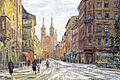 Die Domstraße im Winter: 1944 schuf der Maler Karl Walther dieses Ölgemälde, das sich heute im Besitz des Museums im Kulturspeicher befindet. Anfang 1945 sahen die Gebäude noch genauso aus.