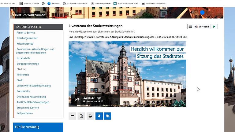 Screenshot eines Live-Streams einer Stadtratssitzung in Schweinfurt. Screenshot eines Live-Streams einer Stadtratssitzung in Schweinfurt.
