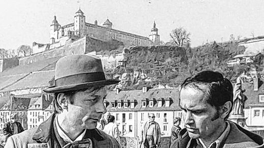 Mit Regisseur Michael Verhoeven (rechts) bei Dreharbeiten zu &bdquo;Die Ursache&ldquo; 1980 in Würzburg