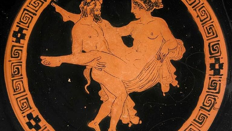 Satyr und Mänade beim Liebesakt. Attisch-rotfigurige Kylix des Jenaer Malers, 390/380 v. Chr.