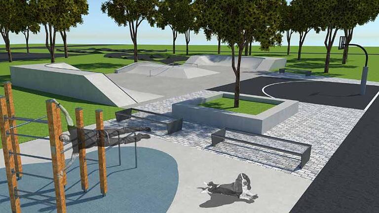 So soll der Freizeitpark Süd in Gerolzhofen aussehen, wenn er im Mai 2020 in Betrieb gehen wird. Hinzu kommt noch eine Pumptrack-Strecke, die nicht im Bild zu sehen ist. So soll der Freizeitpark Süd in Gerolzhofen aussehen, wenn er im Mai 2020 in Betrieb gehen wird. Hinzu kommt noch eine Pumptrack-Strecke, die nicht im Bild zu sehen ist.
