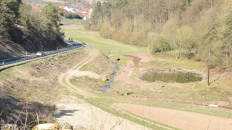 Die gefällten Bäume im Tal unterhalb von Frickenhausen markieren die Aufnahme für den Neubau der Staatsstraße Richtung Geckenau. Die gefällten Bäume im Tal unterhalb von Frickenhausen markieren die Aufnahme für den Neubau der Staatsstraße Richtung Geckenau.