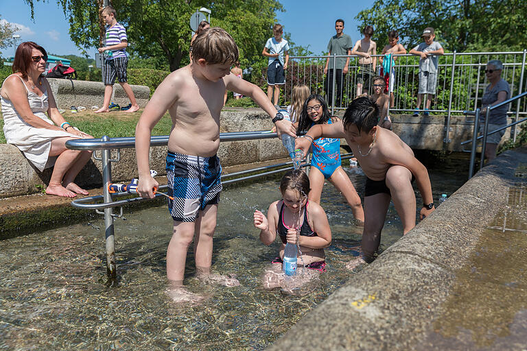 So ließ sich die Hitze halbwegs aushalten: Kinder im Juli im Kneippbecken in Veitshöcheim.&nbsp;