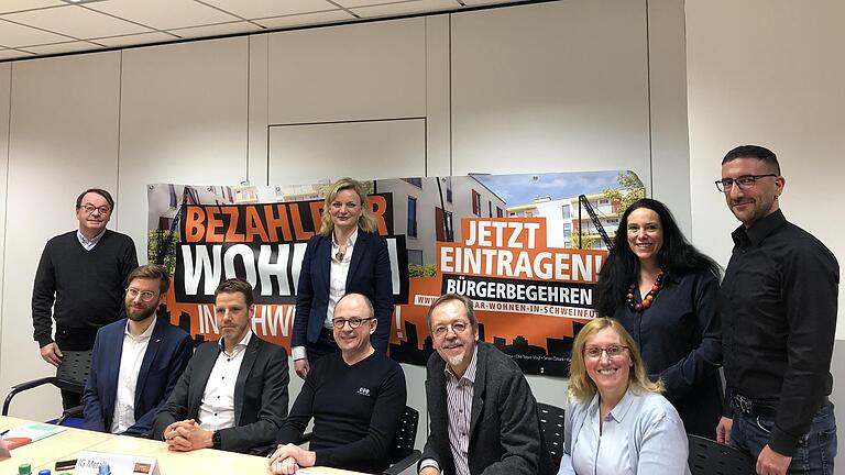 Die Initiative 'Bezahlbar wohnen in Schweinfurt' (von links): Karl-Heinz Körblein, Martin Schmidl (DGB), Thomas Höhn (IG Metall), Marietta Eder (SPD), Frank Firsching (Linke), Jochen Keßler-Rosa (Diakonie, Freie Wähler), Barbara Mantel (KAB), Petra Laschka (Grüne), Sinan Öztürk (Ver.di).