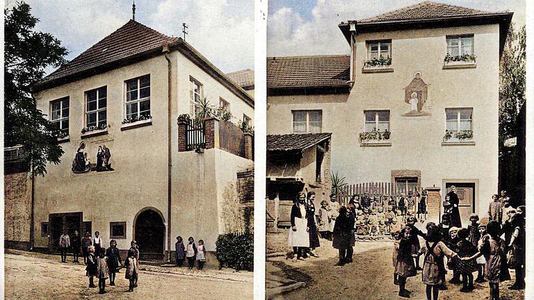 Die kolorierte Postkarte zeigt die Kinderbewahranstalt und das Schwesternhaus um 1940 (heute Pfarrheim). Im Hintergrund: die Kinderschwester Stephanie und Pfarrer Johann Gerhart.