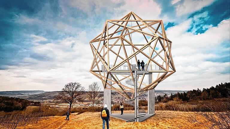 Aussichtsreich: Zwölf Pentagramme, die an die fünfteilige Weinblüte erinnern, bilden die Grundform für den &bdquo;magischen Ort&ldquo;, den Designer Michael Ehlers für Röttingen entworfen hat. Von der Aussichtsplattform in sechs Metern Höhe reicht der Blick weit übers Taubertal.