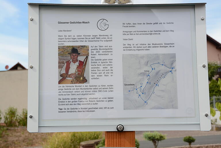 Der Ausgangspunkt für den sieben Kilometer langen Gedichtles-Waach ist an der Grotte in Gössenheim. Über einen DMC-Code können Wanderer über ihr Smartphone von Robert Ammersbach und seinem Sohn Jan vertonte Gedichte anhören. Der Ausgangspunkt für den sieben Kilometer langen Gedichtles-Waach ist an der Grotte in Gössenheim. Über einen DMC-Code können Wanderer über ihr Smartphone von Robert Ammersbach und seinem Sohn Jan vertonte Gedichte anhören. 