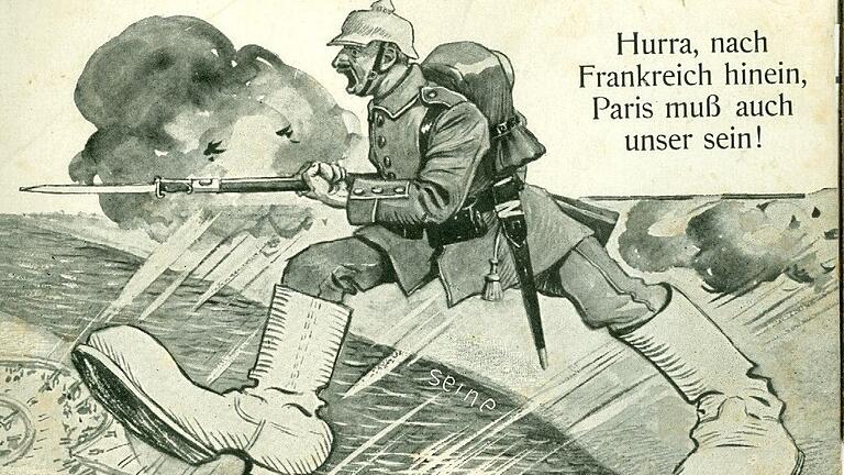 Ausdruck der Siegesgewissheit und des Überlegenheitsgefühls in Deutschland ist diese Propaganda-Postkarte von 1914. Ausdruck der Siegesgewissheit und des Überlegenheitsgefühls in Deutschland ist diese Propaganda-Postkarte von 1914.