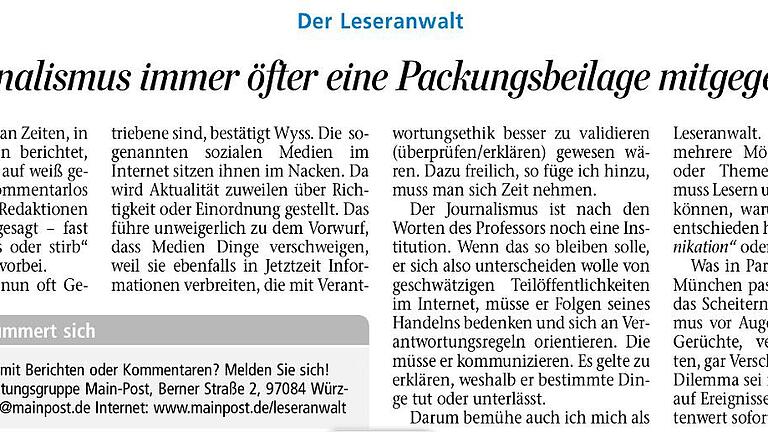 Leseranwalt-Kolumne vom 5. September 2015 in der Zeitung       -  Der schweizer Professor Vinzenz Wyss hat gut erklärt, warum es im Journalismus auch um die 'Packungsbeilage' geht.