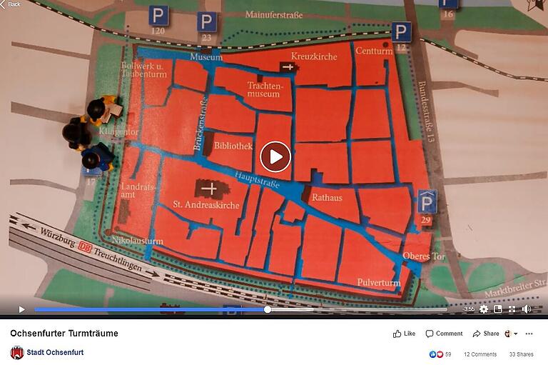 Anhand von Legomännchen, die über den Stadtplan von Ochsenfurt laufen, erfahren die Zuschauer, welcher Turm gerade vorgestellt wird.