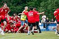Ein Bild vom 20. Mai 2022: Spieler, Betreuer und Anhänger der TuS Frammersbach feiern nach dem 2:2 gegen direkten Rivalen ASV Rimpar die Meisterschaft in der Bezirksliga West. Am Sonntag treffen die beiden Kontrahenten zum Landesliga-Spiel in Rimpar erneut aufeinander.