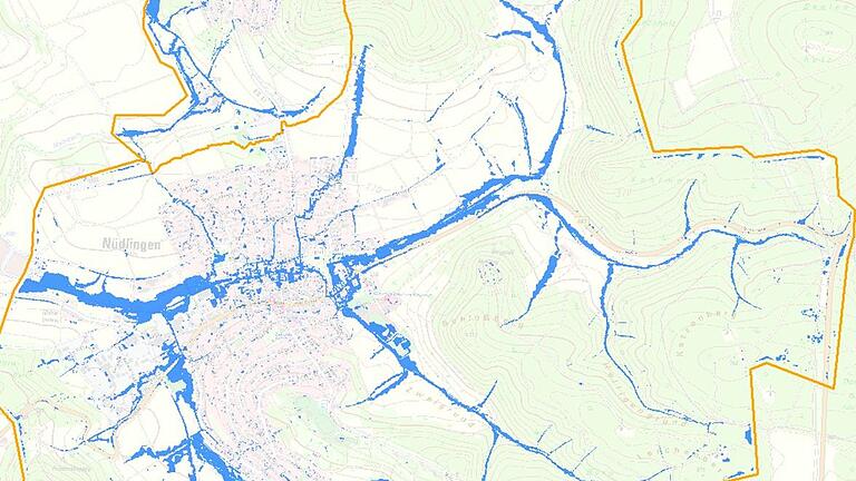 Die Grafiken zeigen die Hauptabflusswege, die bei einem 100-jährlichen Hochwasser in Nüdlingen entstehen. Foto: Tractebel Hydroprojekt       -  Die Grafiken zeigen die Hauptabflusswege, die bei einem 100-jährlichen Hochwasser in Nüdlingen entstehen. Foto: Tractebel Hydroprojekt