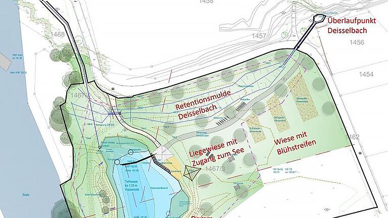 Die neue Entwurfsplanung für die Wasserbegegnungsstelle soll Überflutungen des Areals möglichst vermeiden. Dafür sorgen ein Damm zur Saale hin und Retentionsflächen am Deisselbach.       -  Die neue Entwurfsplanung für die Wasserbegegnungsstelle soll Überflutungen des Areals möglichst vermeiden. Dafür sorgen ein Damm zur Saale hin und Retentionsflächen am Deisselbach.