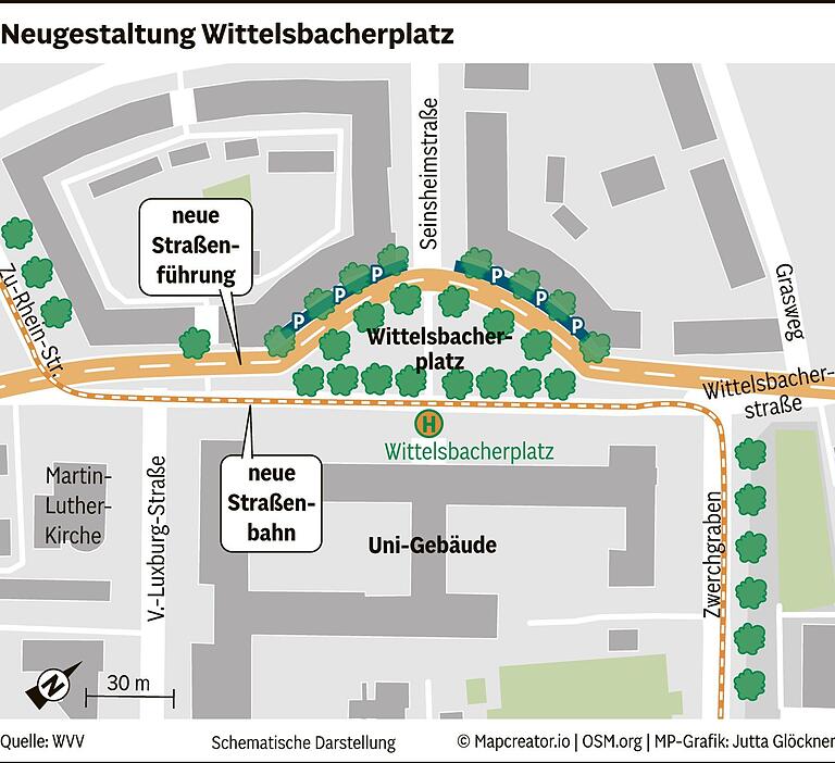 Wittelsbacherplatz in Würzburg: Warum dort für die Linie 6 die Straßenbäume weichen müssen