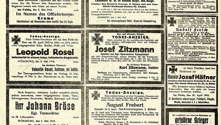 Am 8. Mai 1918 veröffentlicht der Würzburger General-Anzeiger besonders viele Todesanzeigen von Soldaten. Auf der gegenüberliegenden Zeitungsseite finden sich weitere solche Anzeigen.