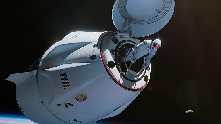 Illustration: Außeneinsatz der SpaceX Mission &bdquo;Polaris Dawn&rdquo;       -  Der Crew Dragon hat keine Schleuse - es geht direkt raus ins All, wie diese Illustration zeigt.