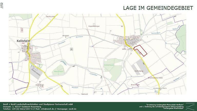 Die Lage des Sondergebiets Photovoltaik Herlheim liegt im Süden des Dorfes und umfasst etwa 7,7 Hektar