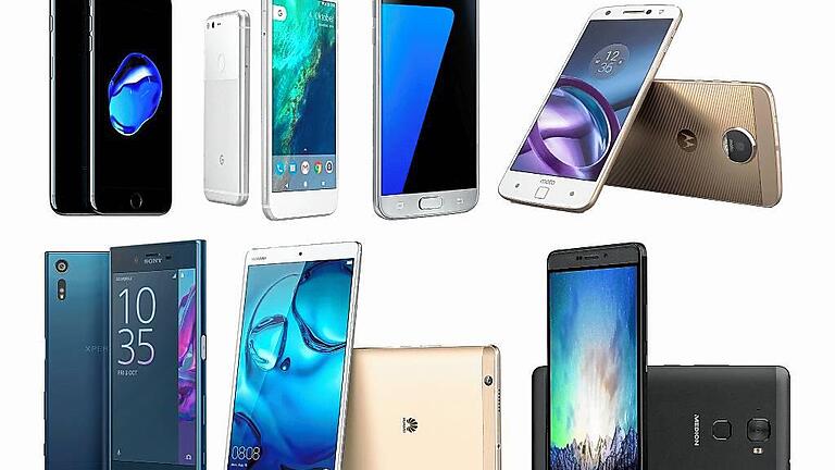 smartphones - Gemeinsam jagen die Smartphone-Hersteller Apples iPhone 7 (oben von links im Uhrzeigersinn): Google Pixel, Samsung Galaxy S7, Lenovo Moto Z, Medion X5520, Huawei Nova plus und Sony Xperia XZ. smartphones - Gemeinsam jagen die Smartphone-Hersteller Apples iPhone 7 (oben von links im Uhrzeigersinn): Google Pixel, Samsung Galaxy S7, Lenovo Moto Z, Medion X5520, Huawei Nova plus und Sony Xperia XZ.