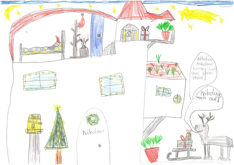 'Nikolaus, komm aus dem Haus', ruft das Rentier im Bild von Jonathan Höfling (8) aus Gemünden. 'Nikolaus, komm aus dem Haus', ruft das Rentier im Bild von Jonathan Höfling (8) aus Gemünden.