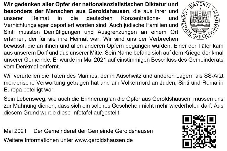 Dieser Hinweistext soll vor dem Kriegerdenkmal in Geroldshausen erklären, warum dort nun eine Lücke ist. Der Name des KZ-Arztes und NS-Verbrechers Wirths wurde im Mai 2021 aus dem Stein gemeißelt. Dieser Hinweistext soll vor dem Kriegerdenkmal in Geroldshausen erklären, warum dort nun eine Lücke ist. Der Name des KZ-Arztes und NS-Verbrechers Wirths wurde im Mai 2021 aus dem Stein gemeißelt.