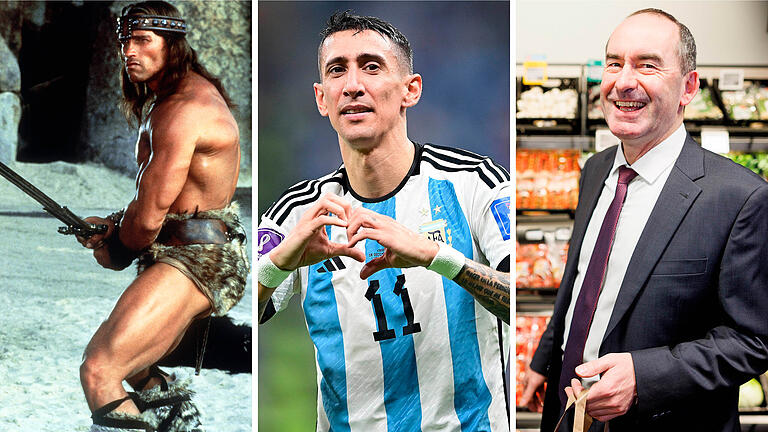 In der Vornamensstatistik Kitzingens von 2022 finden sich auch die Namen Conan, Angel und Hubert. Bekannte Vorbilder dafür sind (von links) die Filmfigur Conan (dargestellt von Arnold Schwarzenegger), Fußballer Angel Di Maria und Bayerns Wirtschaftsminister Hubert Aiwanger.