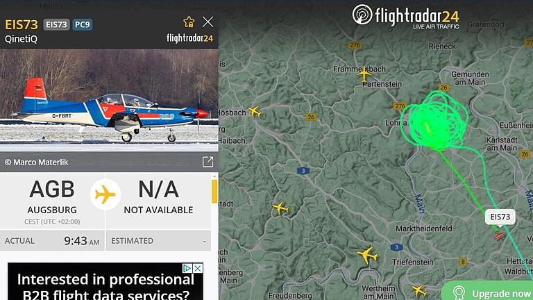 Am Dienstagvormittag kreiste ein vom Flugplatz in Augsburg gestartetes Pilatus PC-9 Schulflugzeug zwei Stunden über Lohr, bevor es kurz nach 12 Uhr den Rückflug zu seinem Ziel in Giebelstadt antrat.