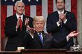 US President Donald Trump delivers the State of the Union address       -  US-Präsident Donald Trump scheint zufrieden mit seiner Rede zur Lage der Nation. Im Hintergrund spenden Vize-Präsident Mike Pence (links) und Paul Ryan, Sprecher des Repräsentantenhauses, Beifall.