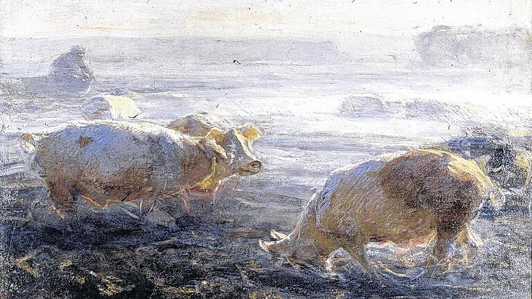 Die Konturen weichen einer Art spirituellem Leuchten: Schweine auf dem Stoppelfeld bei aufkommendem Abendnebel, 1899, Öl auf Leinwand, Stadt Wörth am Rhein. Die Konturen weichen einer Art spirituellem Leuchten: Schweine auf dem Stoppelfeld bei aufkommendem Abendnebel, 1899, Öl auf Leinwand, Stadt Wörth am Rhein.
