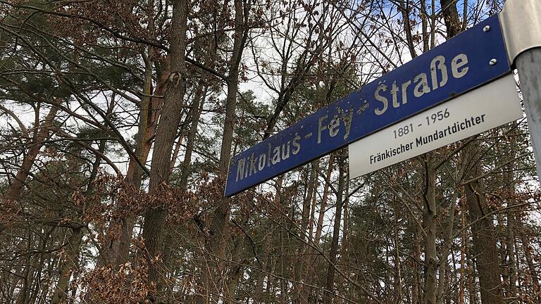 Eigentlich sollte dieses Straßennamensschild in Schwebheim schon lange nicht mehr stehen. Der Gemeinderat hat dem fränkischen Mundartdichter Nikolaus Fey wegen seiner aktiven Nähe zum Nationalsozialismus die Ehre als Straßennamenpate aberkannt. Doch bislang fand sich kein neuer Name.