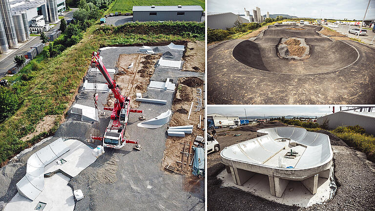 Der Rohbau des Knetzgauer Skate- und Bikeparks steht bereits: die Bowl (rechts unten), der Pumptrack (rechts oben) und die Elemente des Streetparks. Doch die Eröffnung verzögert sich.