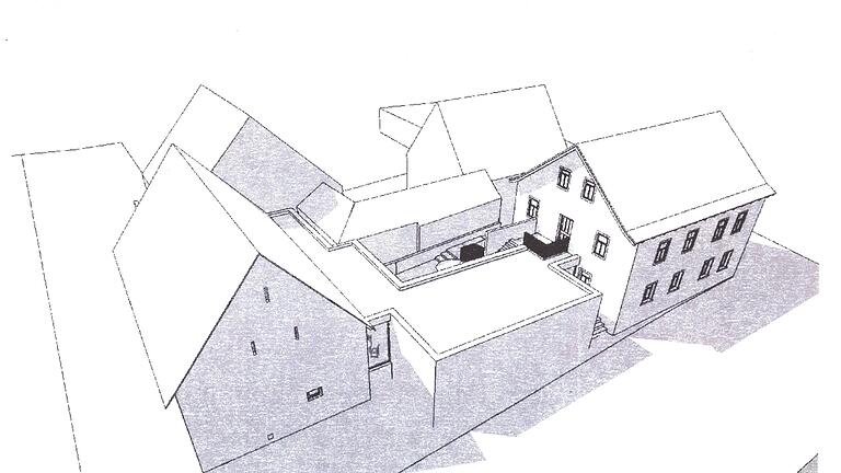 Die Skizze von hessdörfer seifert architekten zeigt in Vogelperspektive das geplante Bürgerhaus Frankenbrunn; rechts der alte Laden, links die Scheune und in der Mitte ein Neubau mit Flachdach.       -  Die Skizze von hessdörfer seifert architekten zeigt in Vogelperspektive das geplante Bürgerhaus Frankenbrunn; rechts der alte Laden, links die Scheune und in der Mitte ein Neubau mit Flachdach.