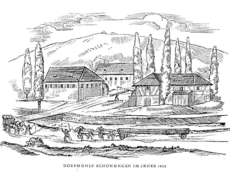 So präsentierte sich die Dorfmühle in den Jahren 1852 und 1952 dem Betrachter.&nbsp;