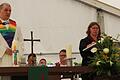 Florian Meier, Pastoralreferent des Pastoralen Raumes Bergtheim-Fährbrück, und Sabine Triebel, Prädikantin der Evangelisch-Lutherischen Kirchengemeinde Obereisenheim feiern einen ökumenischen Gottesdienst zum Jubiläum des SV Bergtheim.