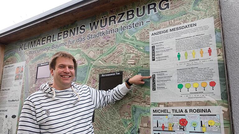 Stadtklima-Forscher Christian Hartmann neben einer Messstation am Würzburger Stadtteil Hubland.