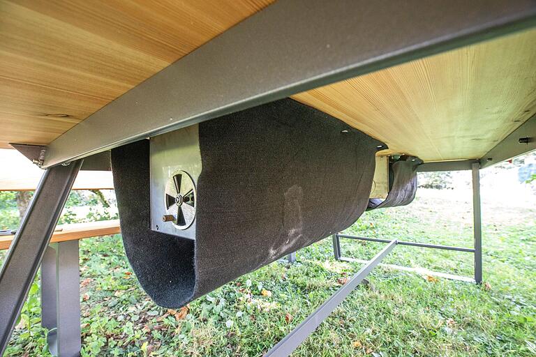 Unter dem Tisch sind Brandmatten montiert, sodass sich niemand an der Unterseite des Grills die Beine verbrennt. Unter dem Tisch sind Brandmatten montiert, sodass sich niemand an der Unterseite des Grills die Beine verbrennt.