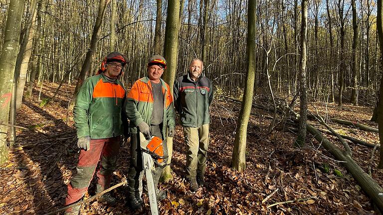 Constantin Fodor, Eugen Mateș und Achim Volkamer (von links) im Mainbernheimer Wald. Förster Volkamer hat die Bäume gekennzeichnet, die die rumänischen Waldarbeiter fällen. Die Stämme werden beim Holzstrich versteigert.