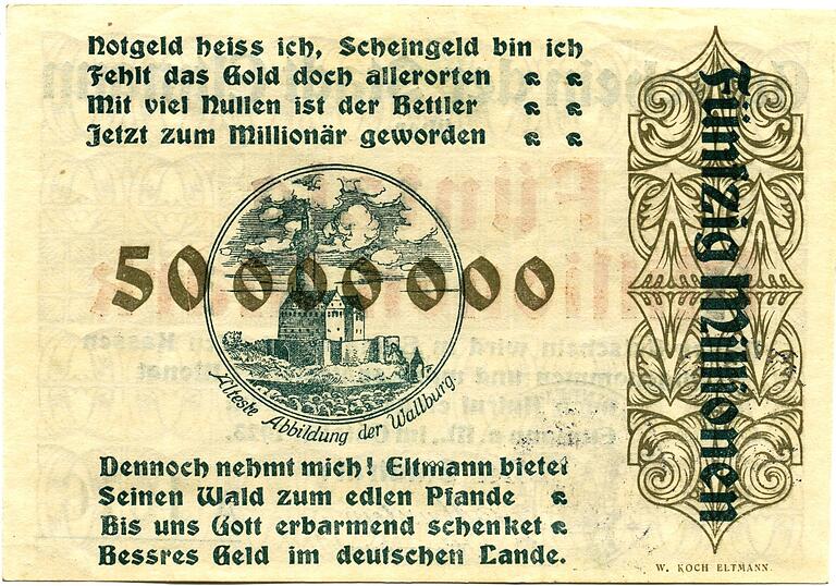 Die Stadt Eltmann verpfändete für ihr Notgeld ihren städtischen Wald: Holzwährung statt Goldwährung. Die Stadt Eltmann verpfändete für ihr Notgeld ihren städtischen Wald: Holzwährung statt Goldwährung.